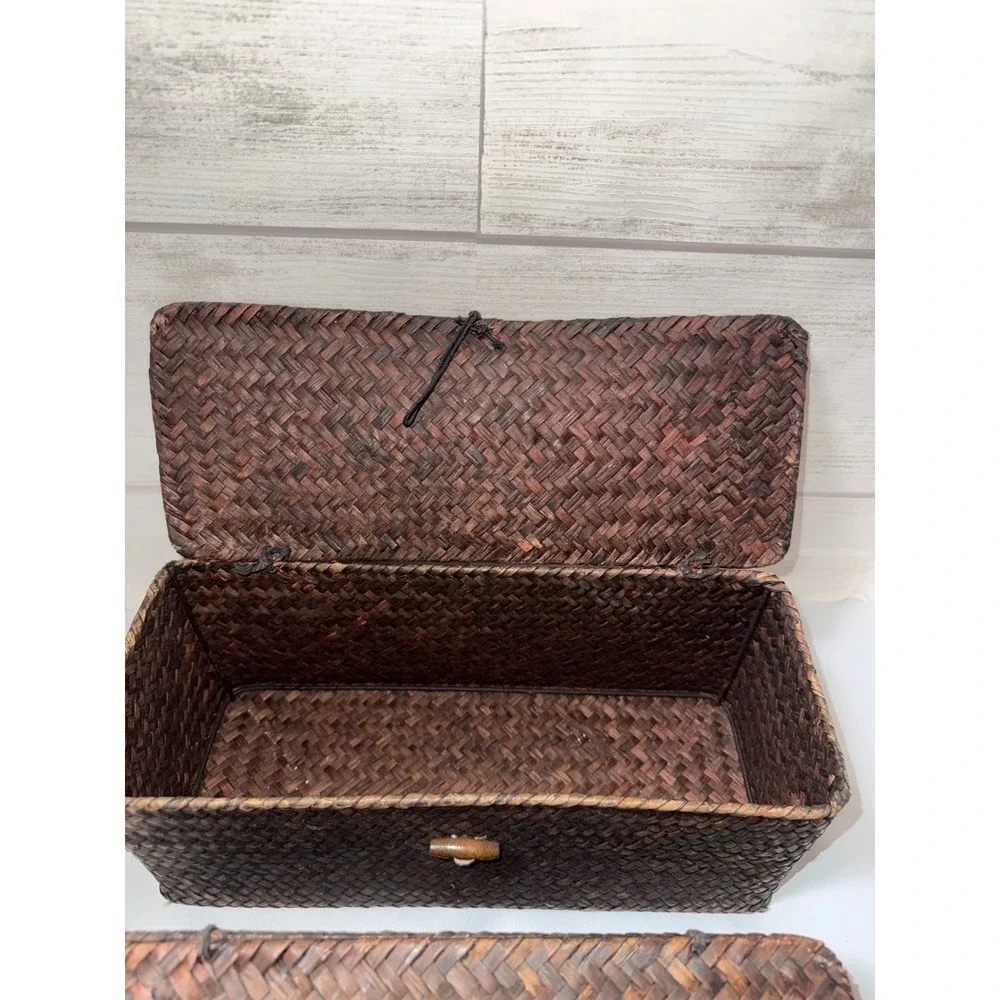 Set of 3 Nesting Woven Seagrass Storage Baskets Dark‎ Brown Rectangle Lidded Box